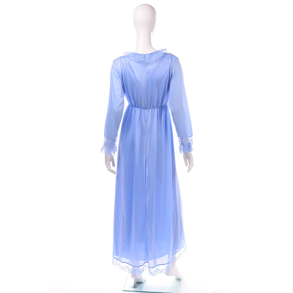 1970's Bernette Blue Nightgown and Peignoir Robe Set Size Large