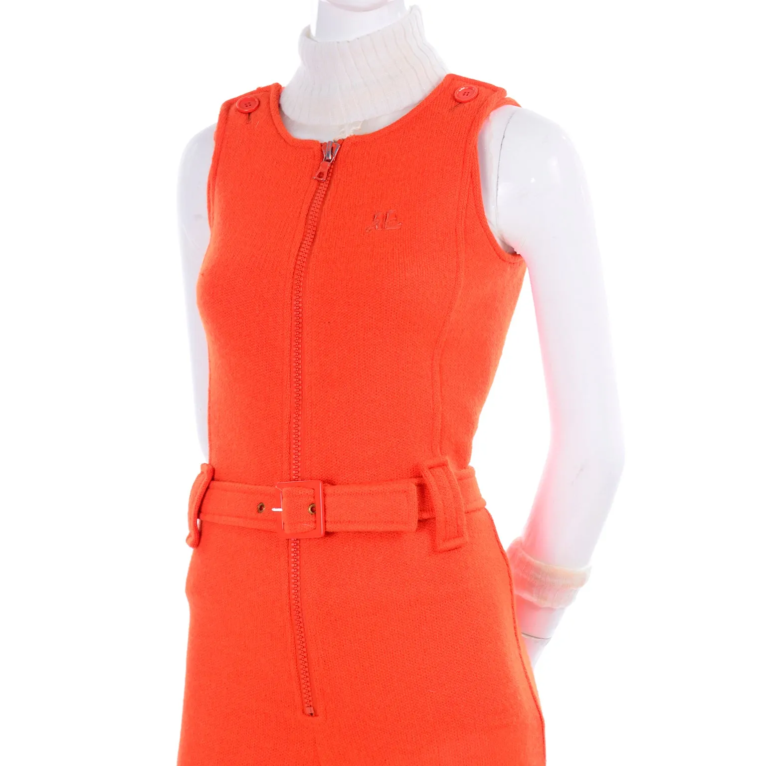 1970s Courreges Orange Knit Jumpsuit & Sheer Turtleneck Top