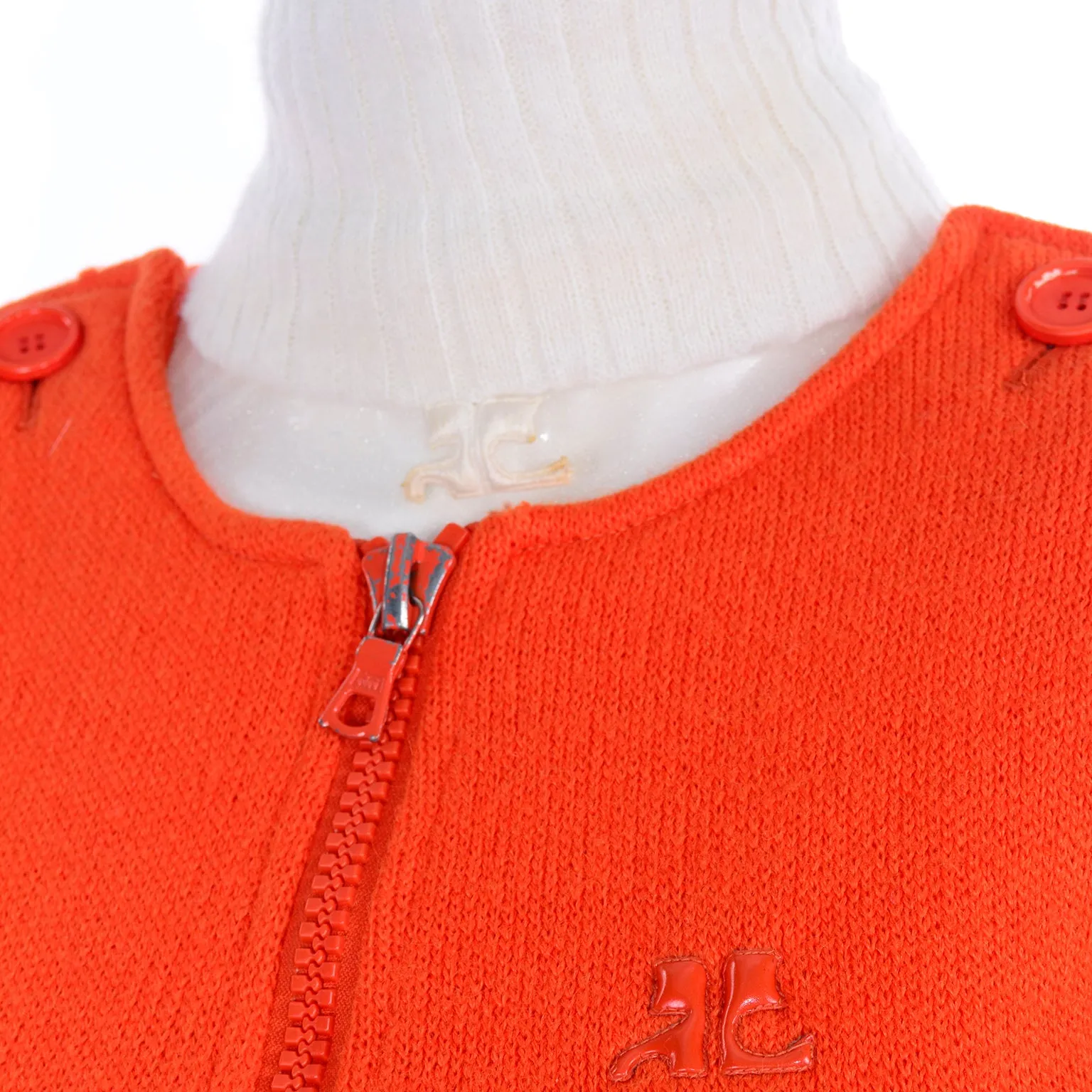 1970s Courreges Orange Knit Jumpsuit & Sheer Turtleneck Top