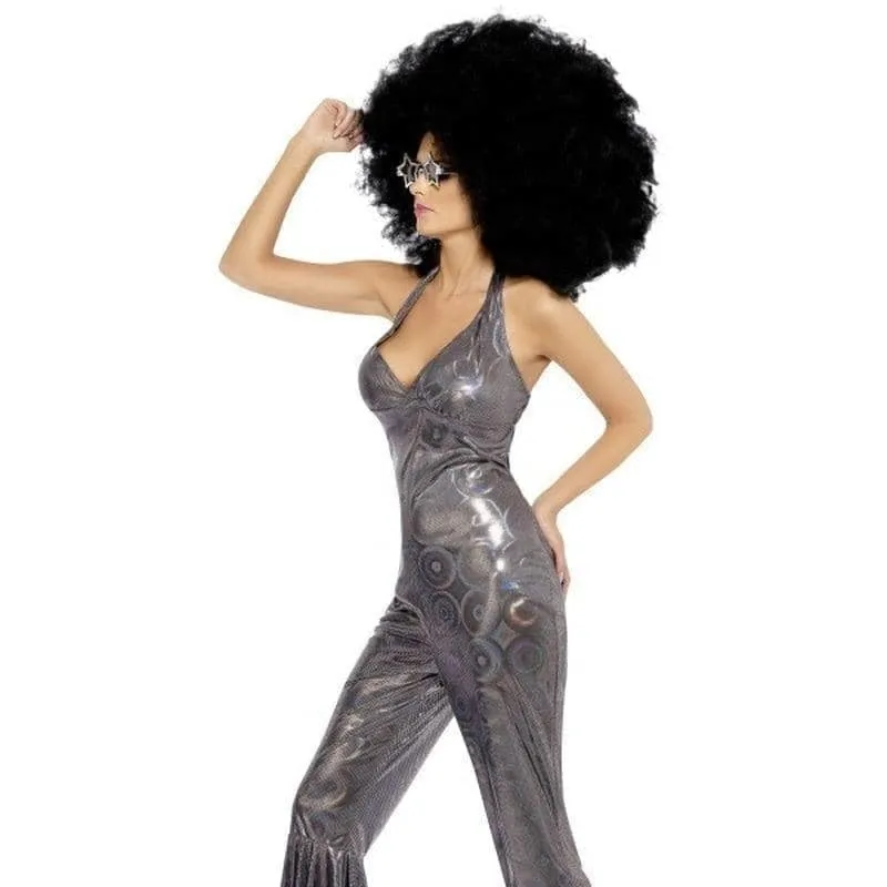 1970s Disco Diva Costume Adult Silver Jumpsuit