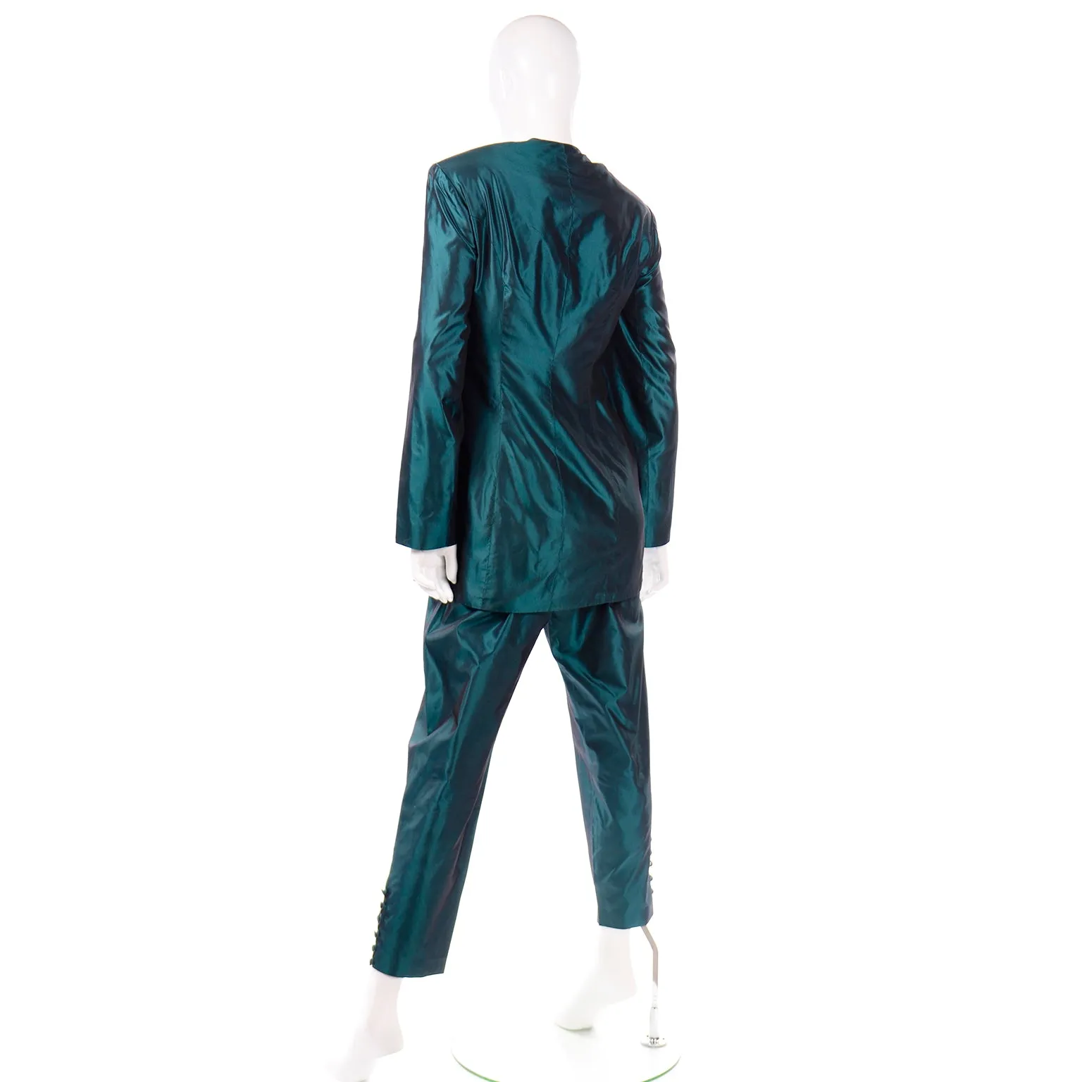 1980s Maurizio Galante Vintage Green Silk Longline Jacket & Trouser Suit