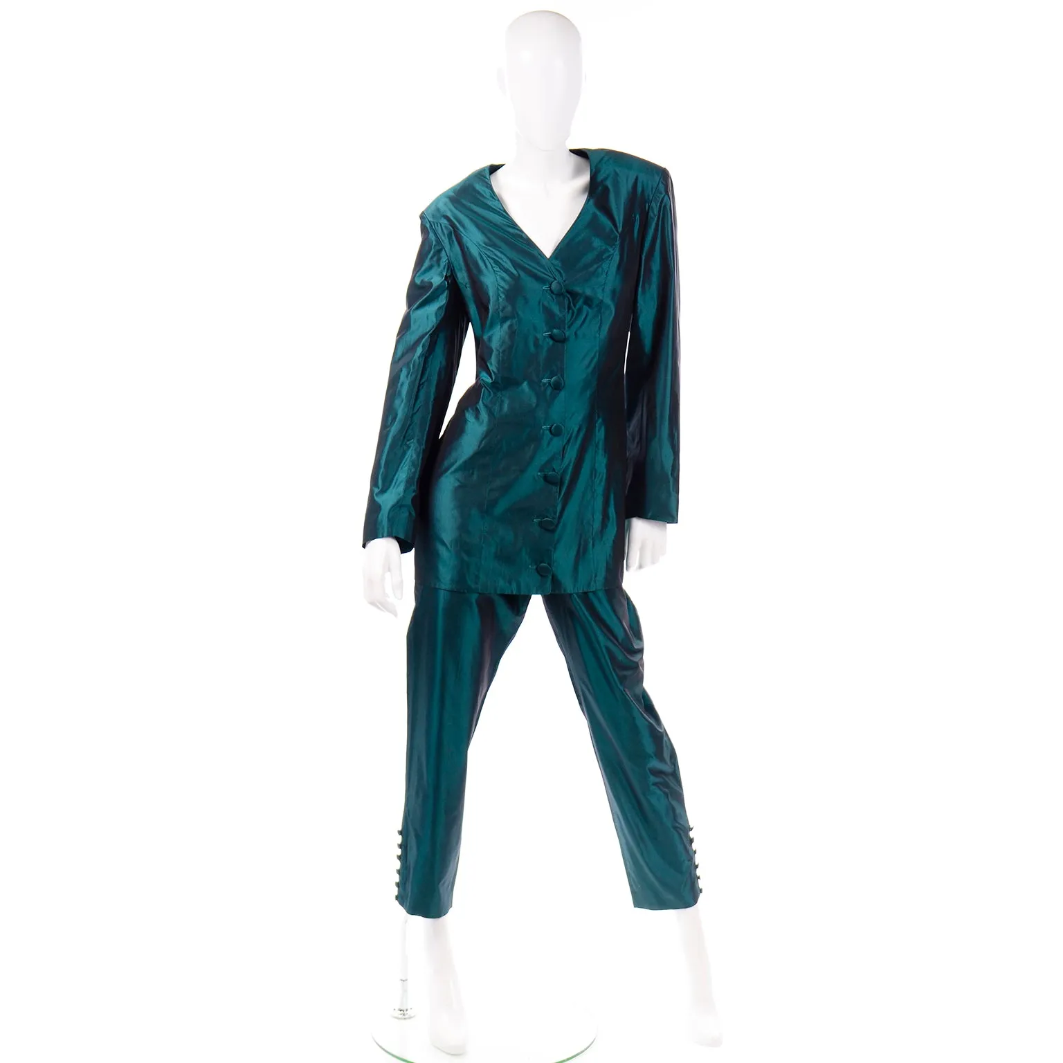 1980s Maurizio Galante Vintage Green Silk Longline Jacket & Trouser Suit