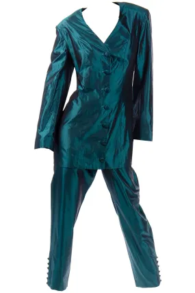 1980s Maurizio Galante Vintage Green Silk Longline Jacket & Trouser Suit