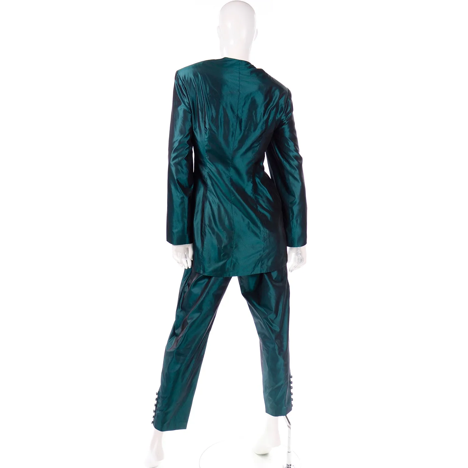 1980s Maurizio Galante Vintage Green Silk Longline Jacket & Trouser Suit