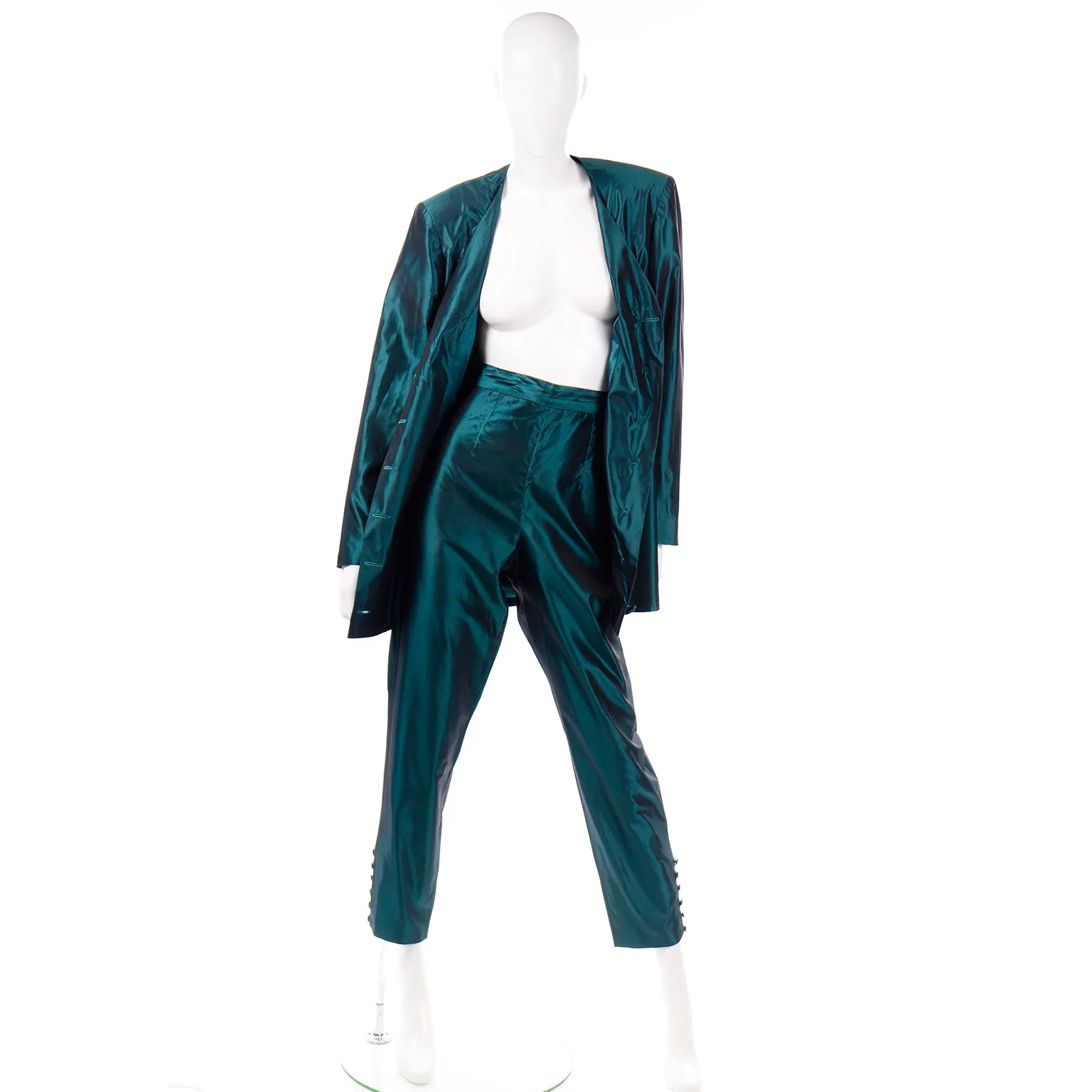 1980s Maurizio Galante Vintage Green Silk Longline Jacket & Trouser Suit