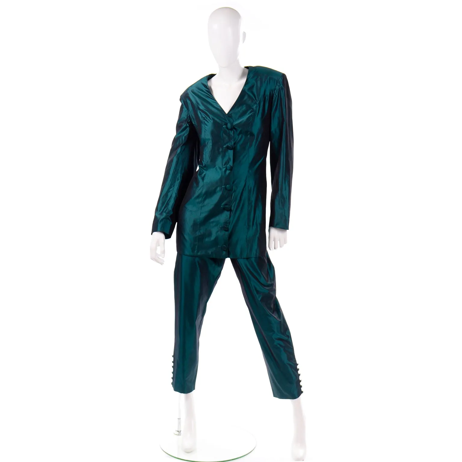 1980s Maurizio Galante Vintage Green Silk Longline Jacket & Trouser Suit