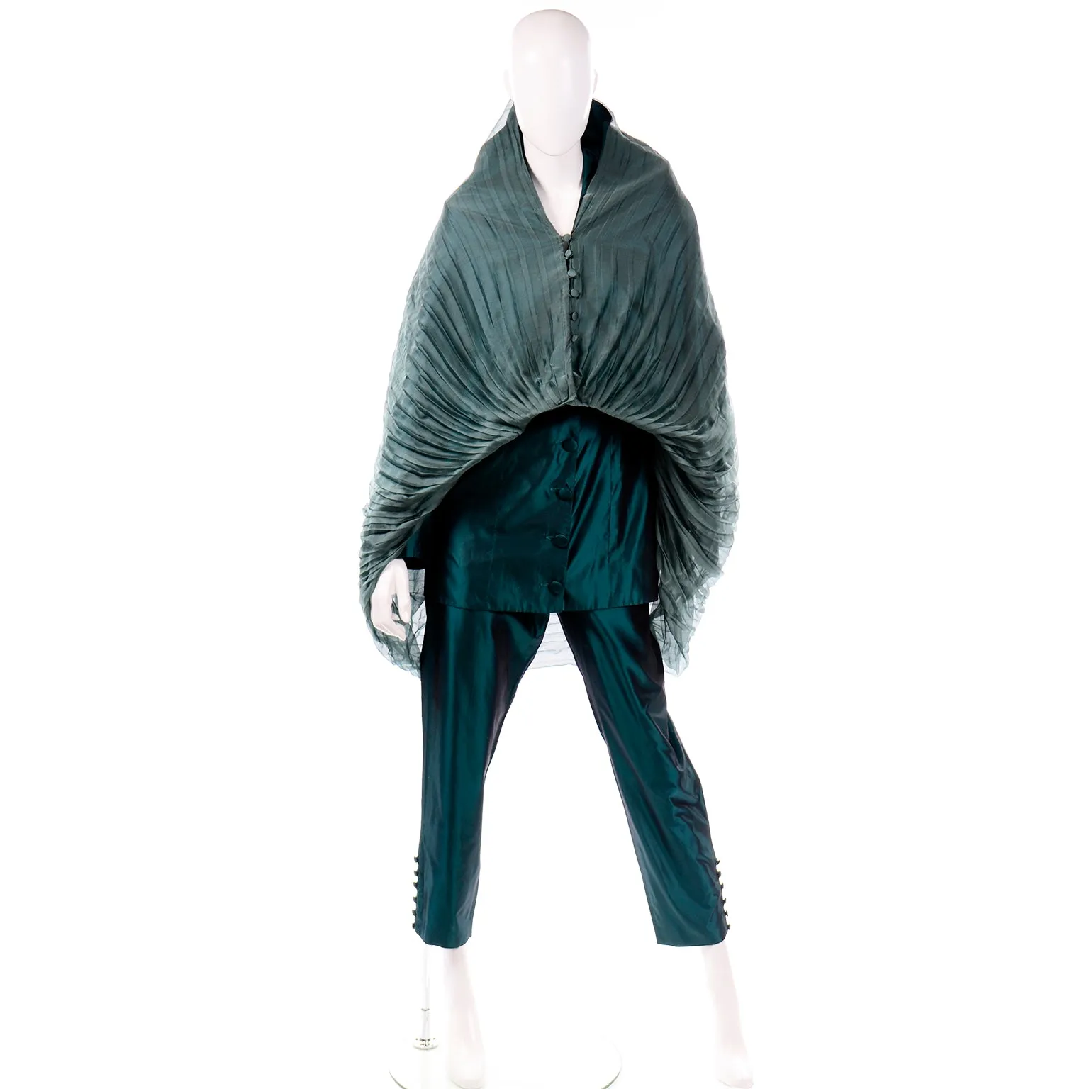 1980s Maurizio Galante Vintage Green Silk Longline Jacket & Trouser Suit