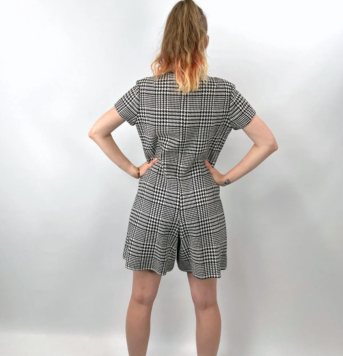 60s Vintage Mod Mini Jumpsuit Scooter Women's Houndstooth Wool Hot Pants M/L VFG Pant'her Plus College Town