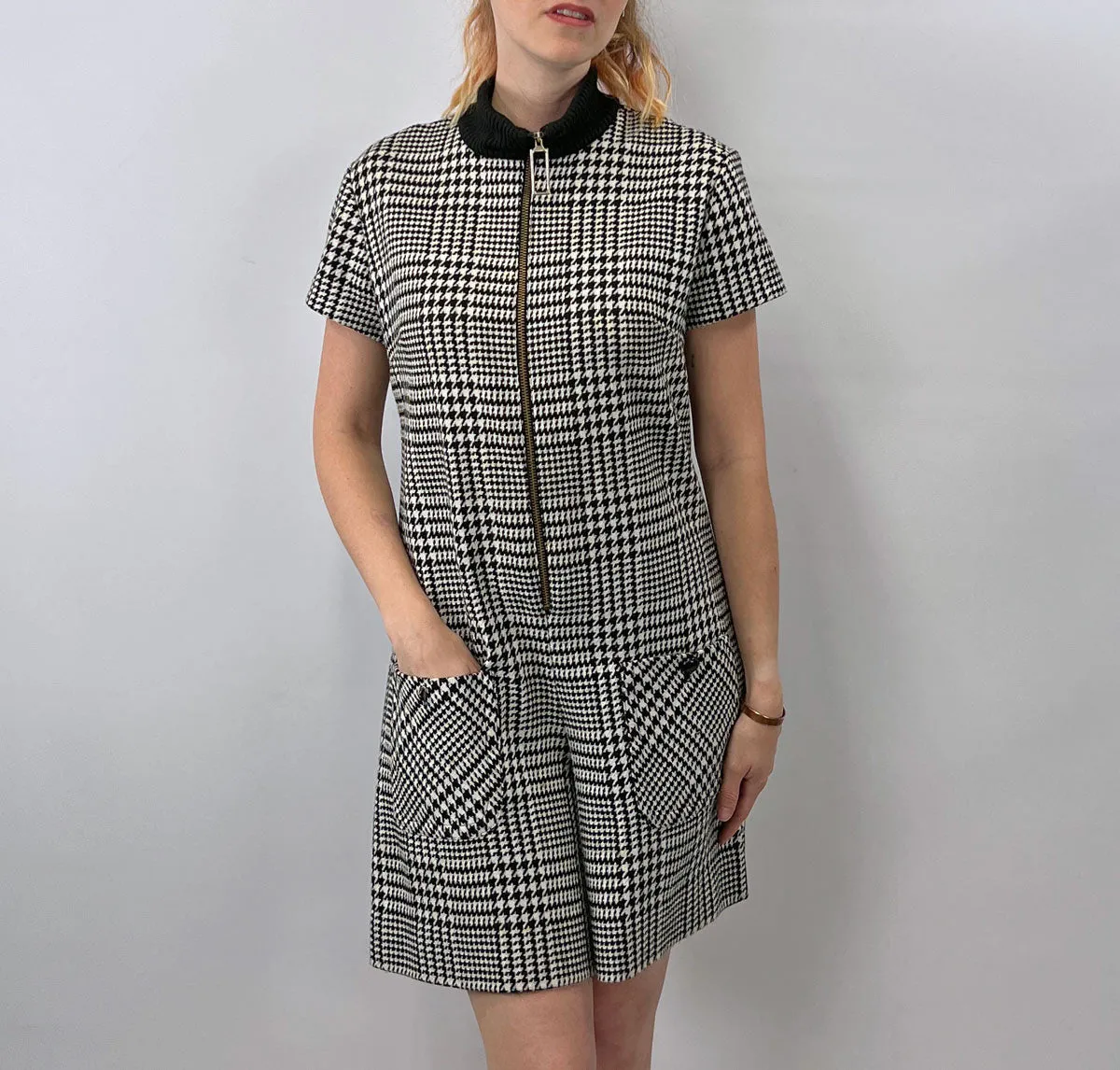 60s Vintage Mod Mini Jumpsuit Scooter Women's Houndstooth Wool Hot Pants M/L VFG Pant'her Plus College Town