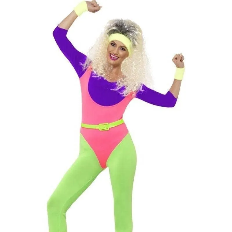 80s Work Out Costume Jumpsuit Adult Purple Pink Green