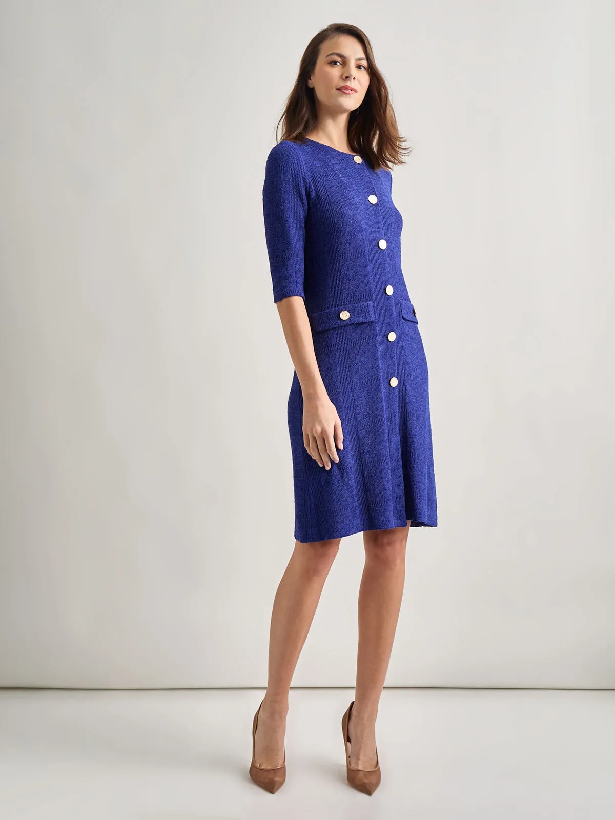 A-Line Button Front Jacquard Knit Dress