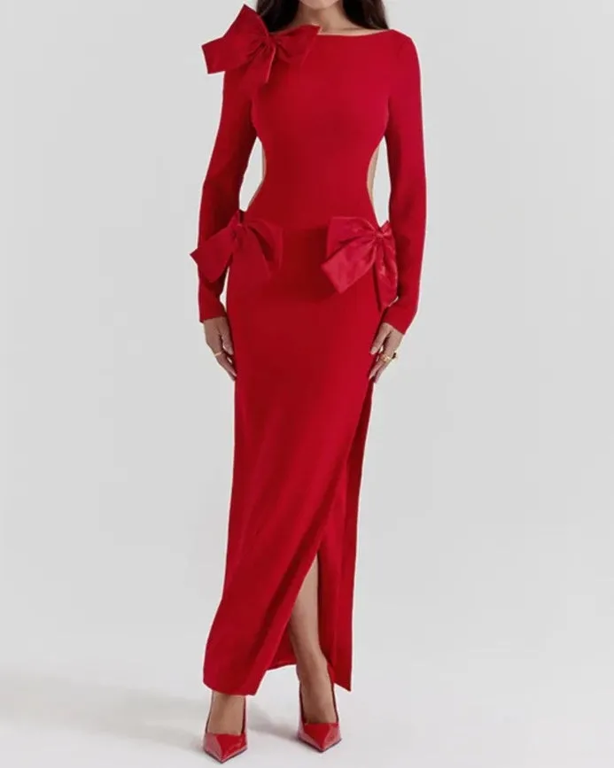 A&A Luxe Bow Backless Long Sleeve Maxi Dress