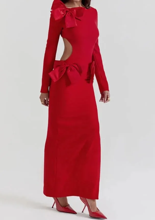 A&A Luxe Bow Backless Long Sleeve Maxi Dress