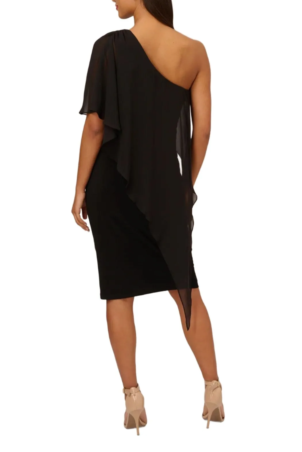 Adrianna Papell One Shoulder Bodycon ITY Dress with Chiffon Cape