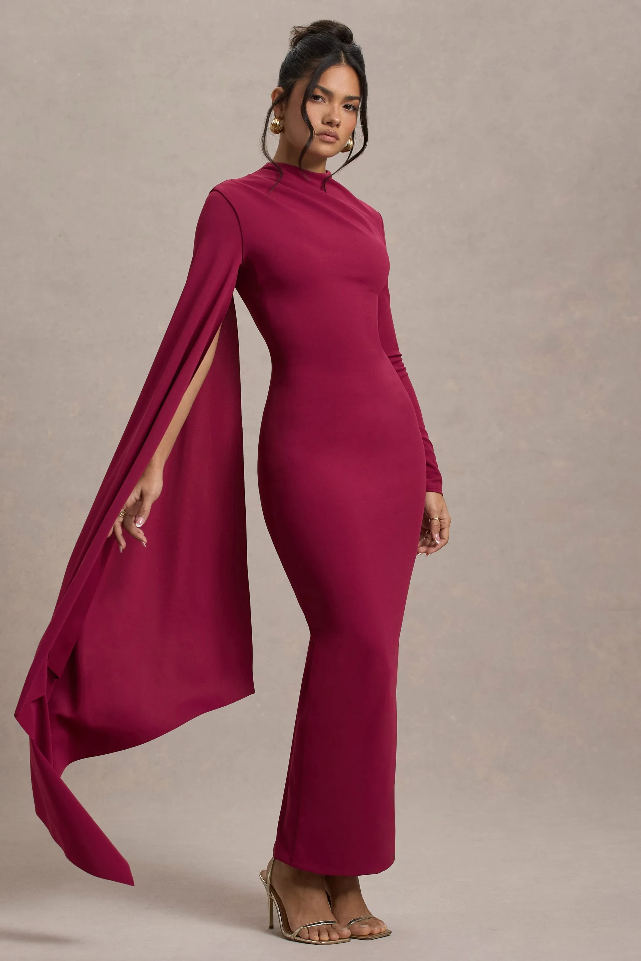 Aldona | Mulberry High-Neck Long-Sleeve Maxi Dress With Cape Sleeve