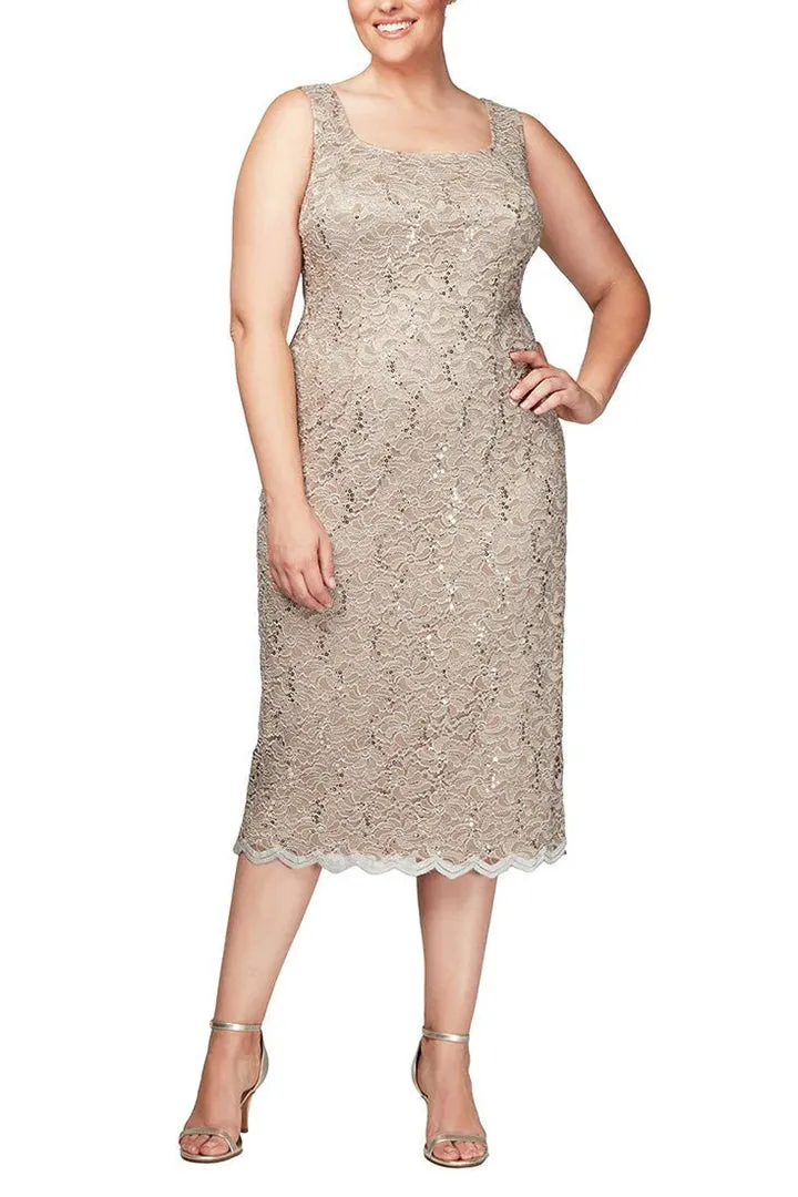 Alex Evenings square neck sleeveless sheath lace dress with sheer lace jacket with sequin detail