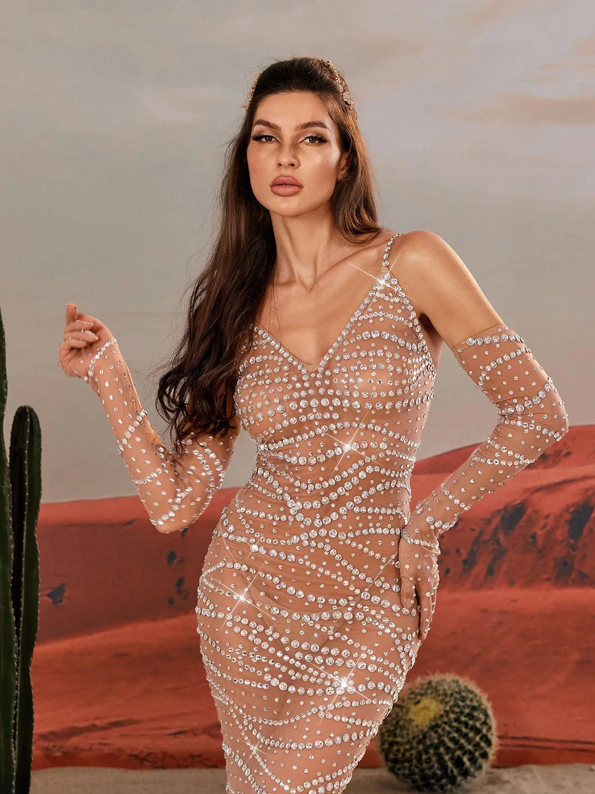 Amahl Spaghetti Rhinestone Mesh Maxi Dress