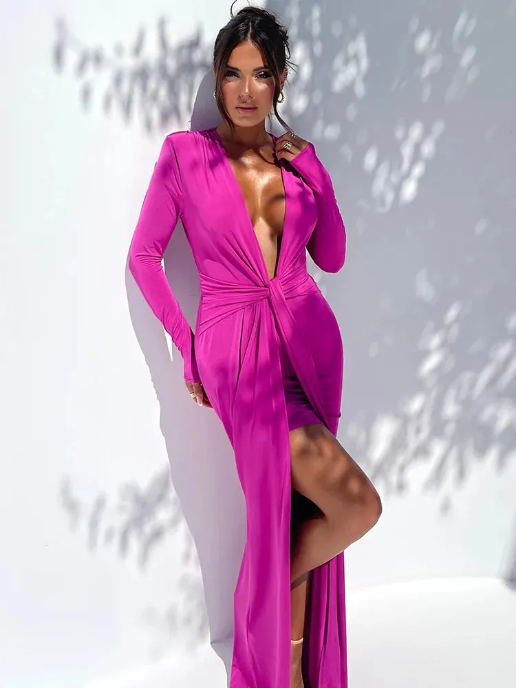 Amozae-A Deep V Neck Long Sleeve Split Maxi Dress Women Elegant Clubwear 2023 Autumn New Bodycon Ruched Sexy Long Dress