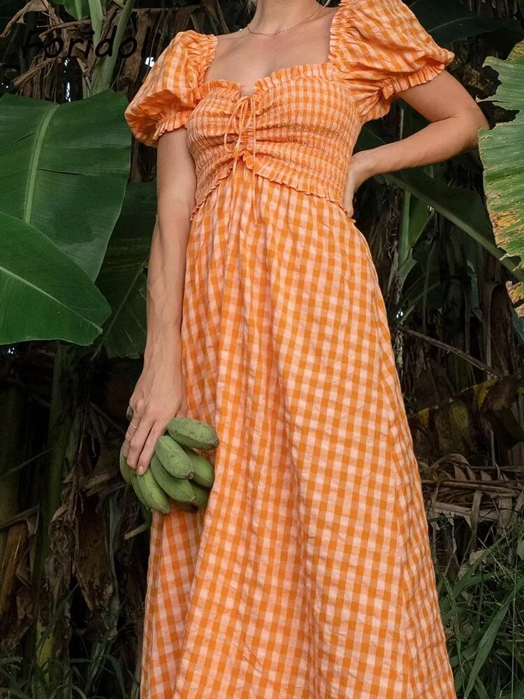 Amozae  Puff Sleeve Orange Ruched Smocking Maxi Long Dress Square Collar Gingham Print Ladies Long Vestidos 2022 Summer Plaid Outfits