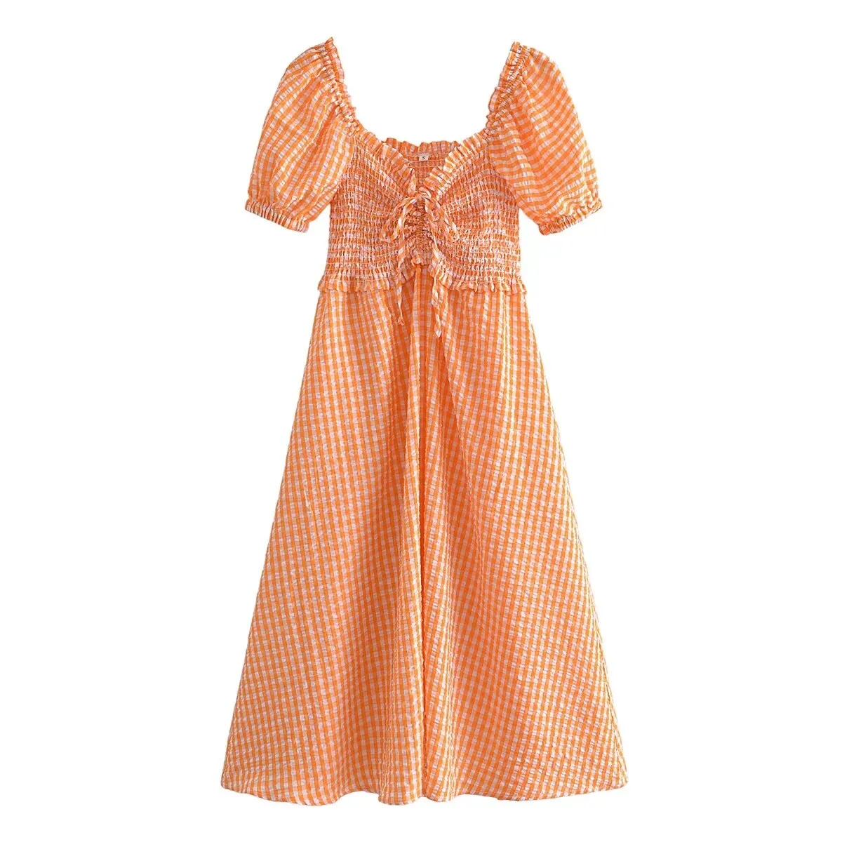 Amozae  Puff Sleeve Orange Ruched Smocking Maxi Long Dress Square Collar Gingham Print Ladies Long Vestidos 2022 Summer Plaid Outfits