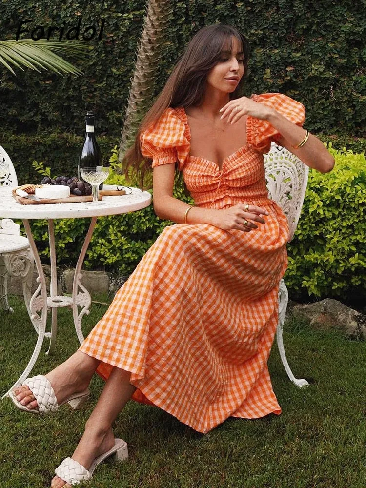 Amozae  Puff Sleeve Orange Ruched Smocking Maxi Long Dress Square Collar Gingham Print Ladies Long Vestidos 2022 Summer Plaid Outfits