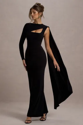 Ashini | Black One-Sleeve Maxi Dress With Cape