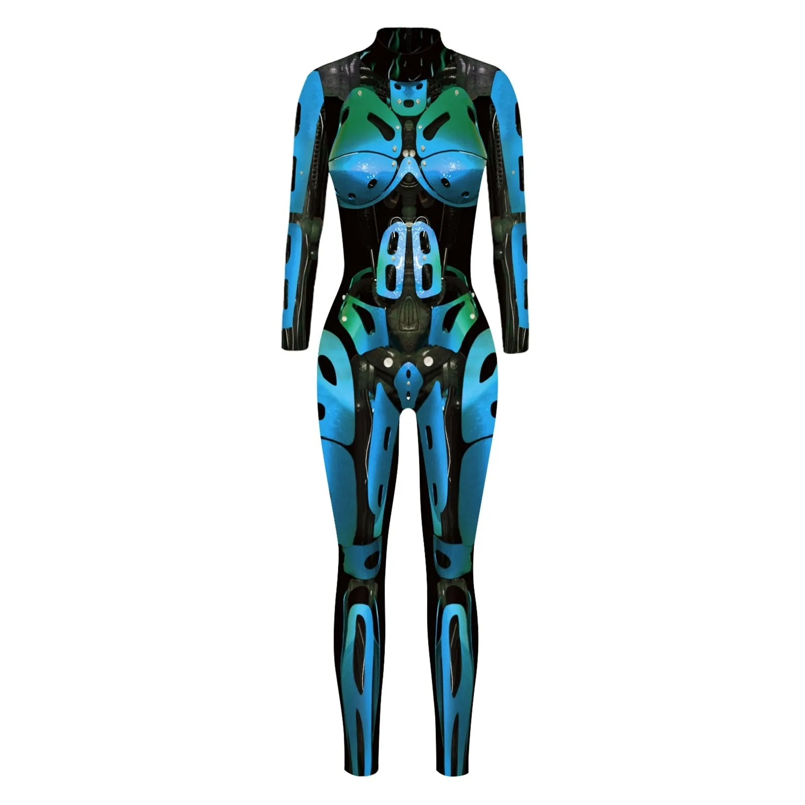 Ashore Shop Women's Turtleneck Simulation 3D Printing Robot Zip Bodysuit Full Body Bodysuit Halloween Costume Woman Jumper Outfit