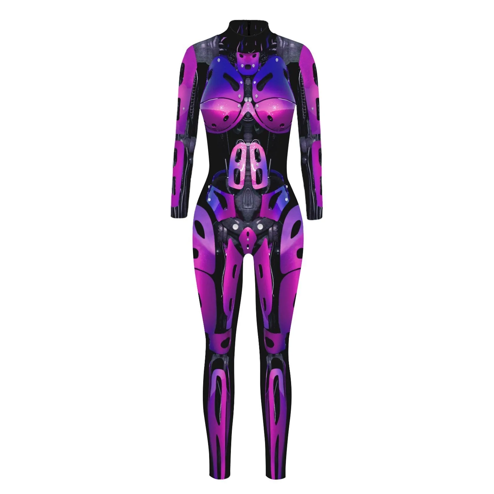 Ashore Shop Women's Turtleneck Simulation 3D Printing Robot Zip Bodysuit Full Body Bodysuit Halloween Costume Woman Jumper Outfit