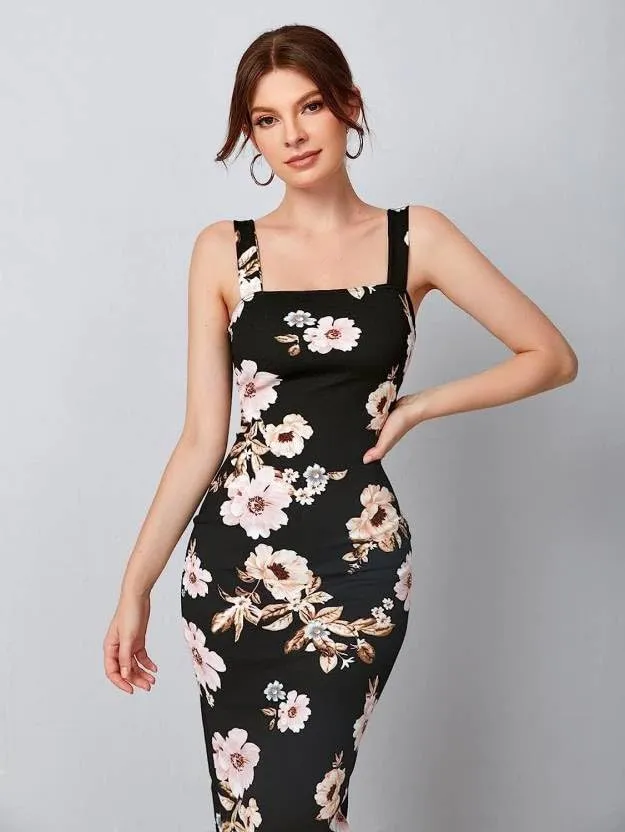 Attire Empire Women Bodycon Black Floral Printed Midi Dress