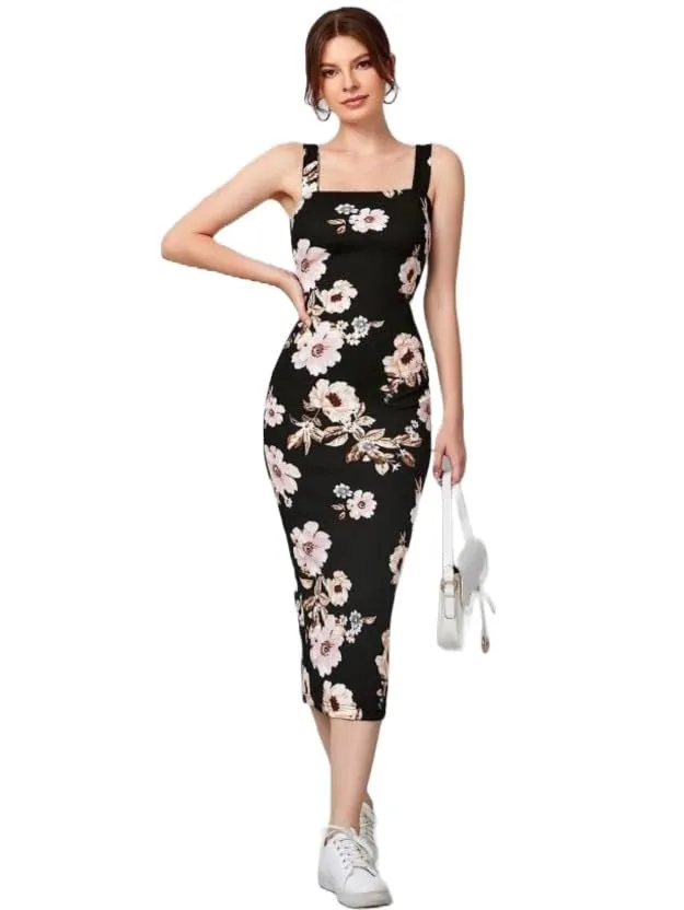 Attire Empire Women Bodycon Black Floral Printed Midi Dress