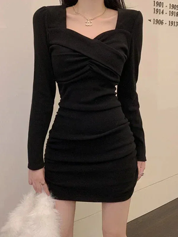 Autumn Black Bodycon Dress for Women 2022 Vintage Casual Wrap Evening Party Dresses Office Ladies Long Sleeve Robe