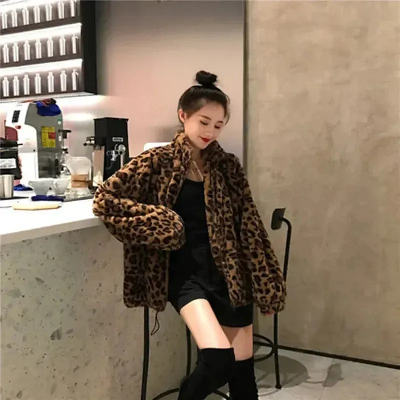 Autumn Fuzzy Leopard Print Jacket Women Fashion Stand Collar Warm Parkas Outwear Winter Korean Female Loose Faux Fur Coats New