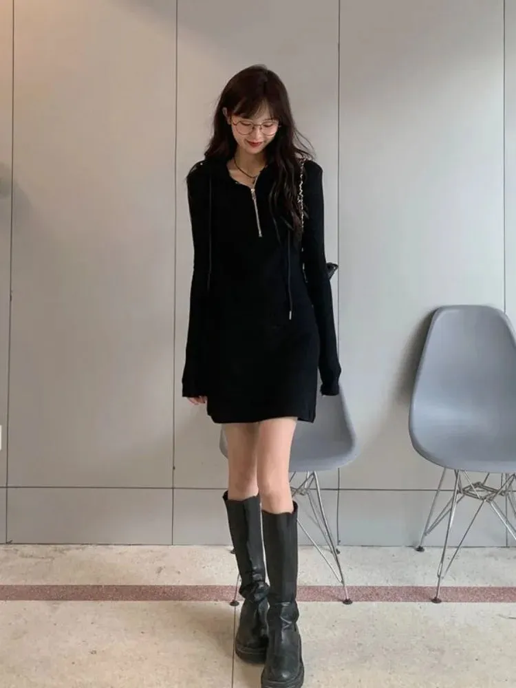 Autumn Korean Zip Bodycon Black Mini Hooded Dress Sport Kpop Style Slim Wrap Long Sleeve Mini Short Dresses Women