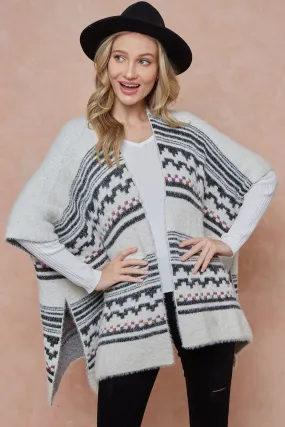 Aztec Pattern Open Front Open Kimono Style Eyelash Yarn Sweater Cardigan