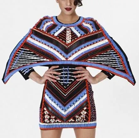 Bead Embellished Bat-Cape Mini Dress-Multicolor