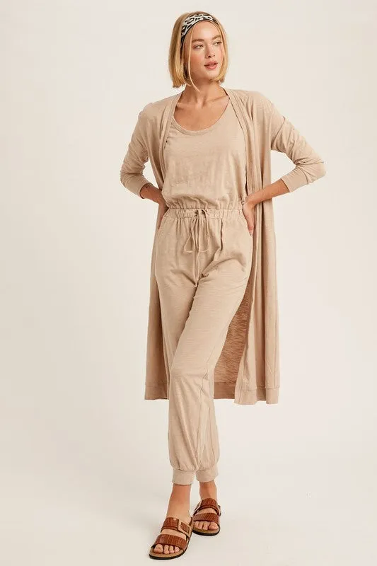 Beige Textured Jumpsuit And Long Cardigan Knit Sets