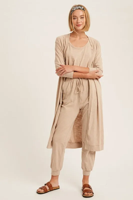 Beige Textured Jumpsuit And Long Cardigan Knit Sets