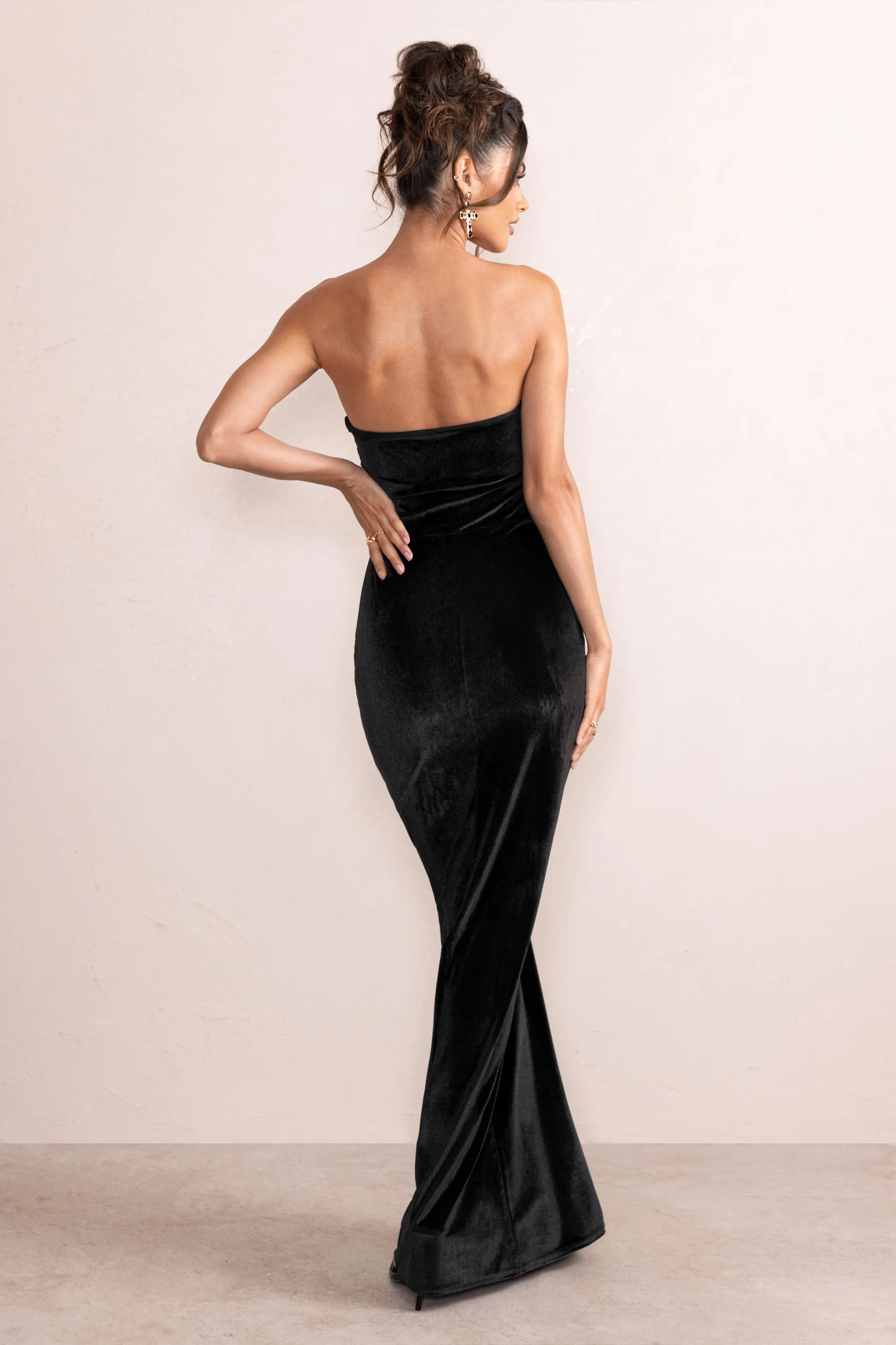 Belle Of The Ball | Black Velvet Bandeau Maxi Dress With Split Hem