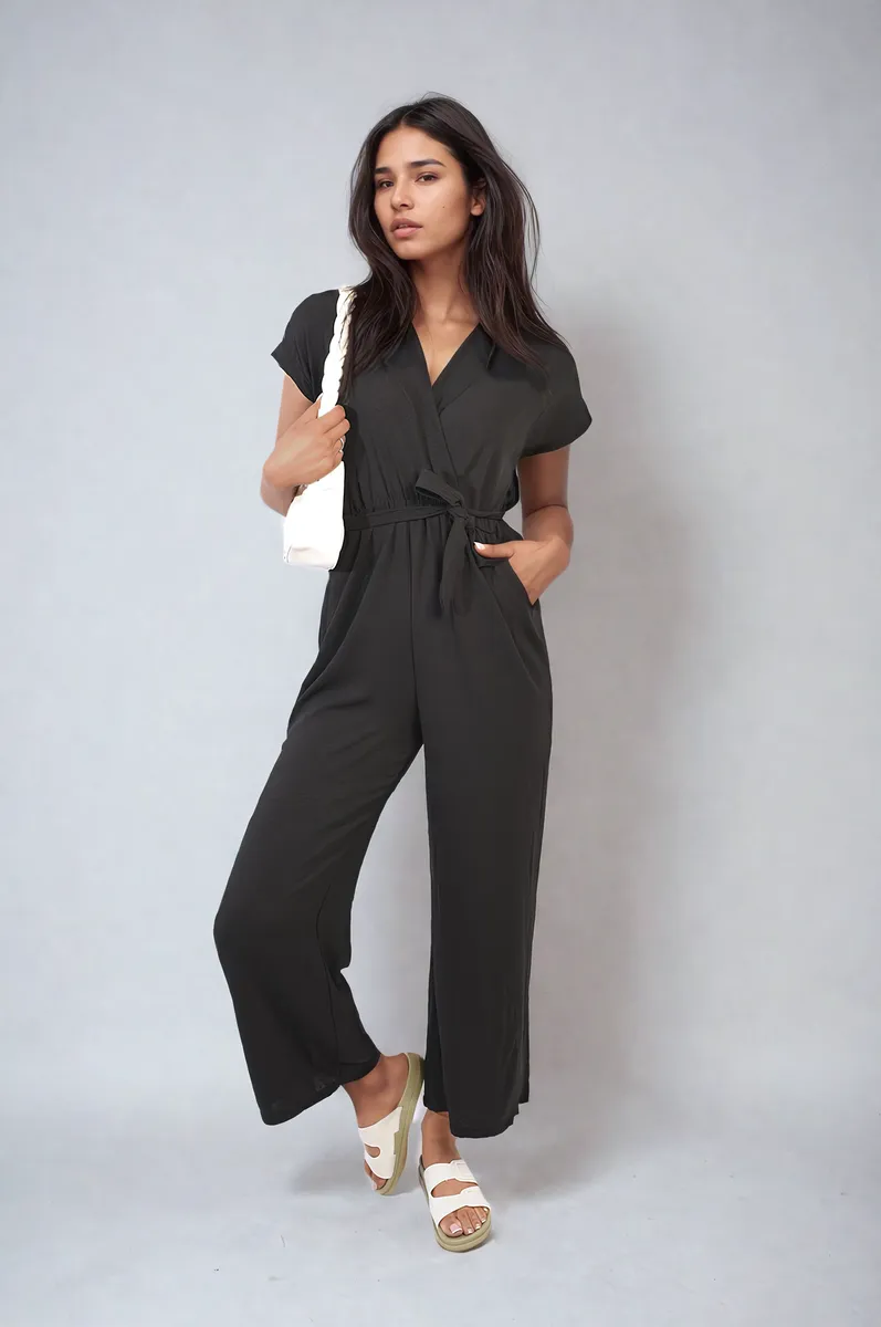 Belted V Neck Jumpsuit with Side Pockets