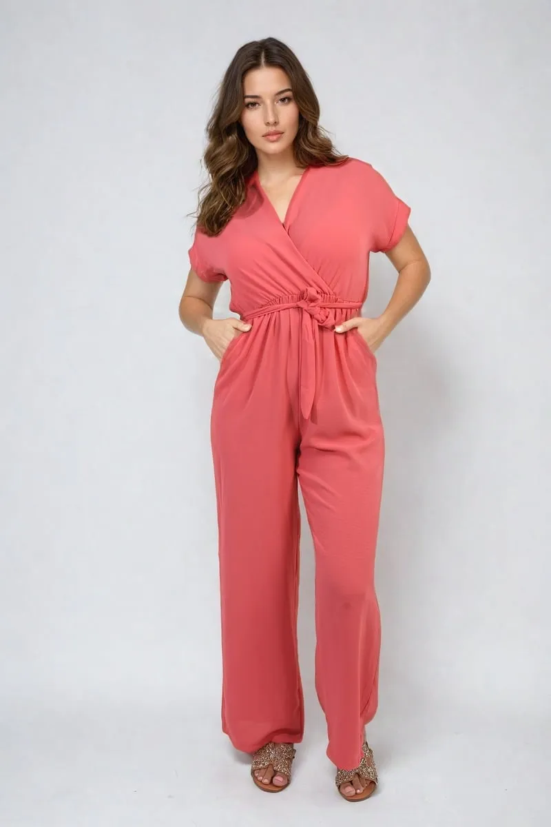 Belted V Neck Jumpsuit with Side Pockets