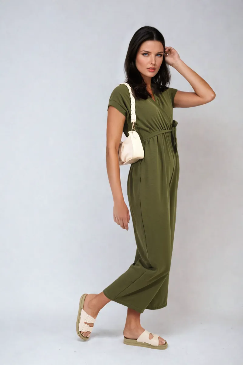 Belted V Neck Jumpsuit with Side Pockets