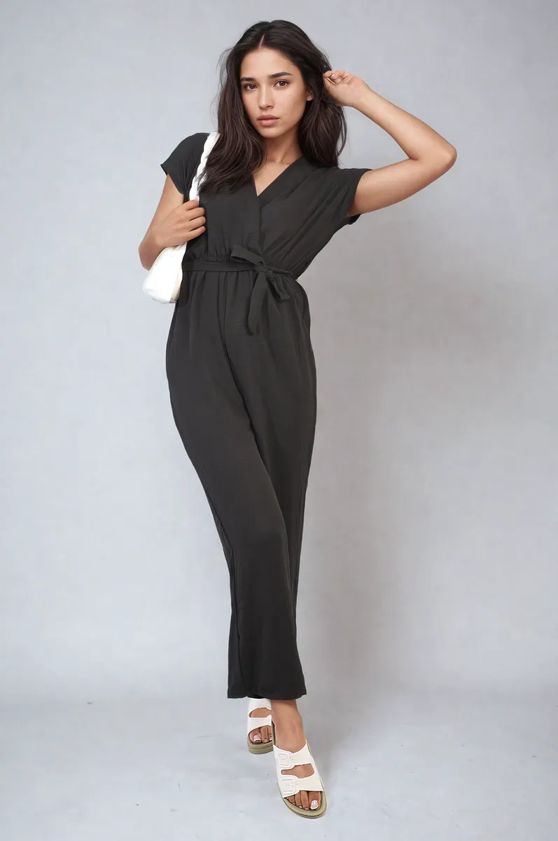 Belted V Neck Jumpsuit with Side Pockets