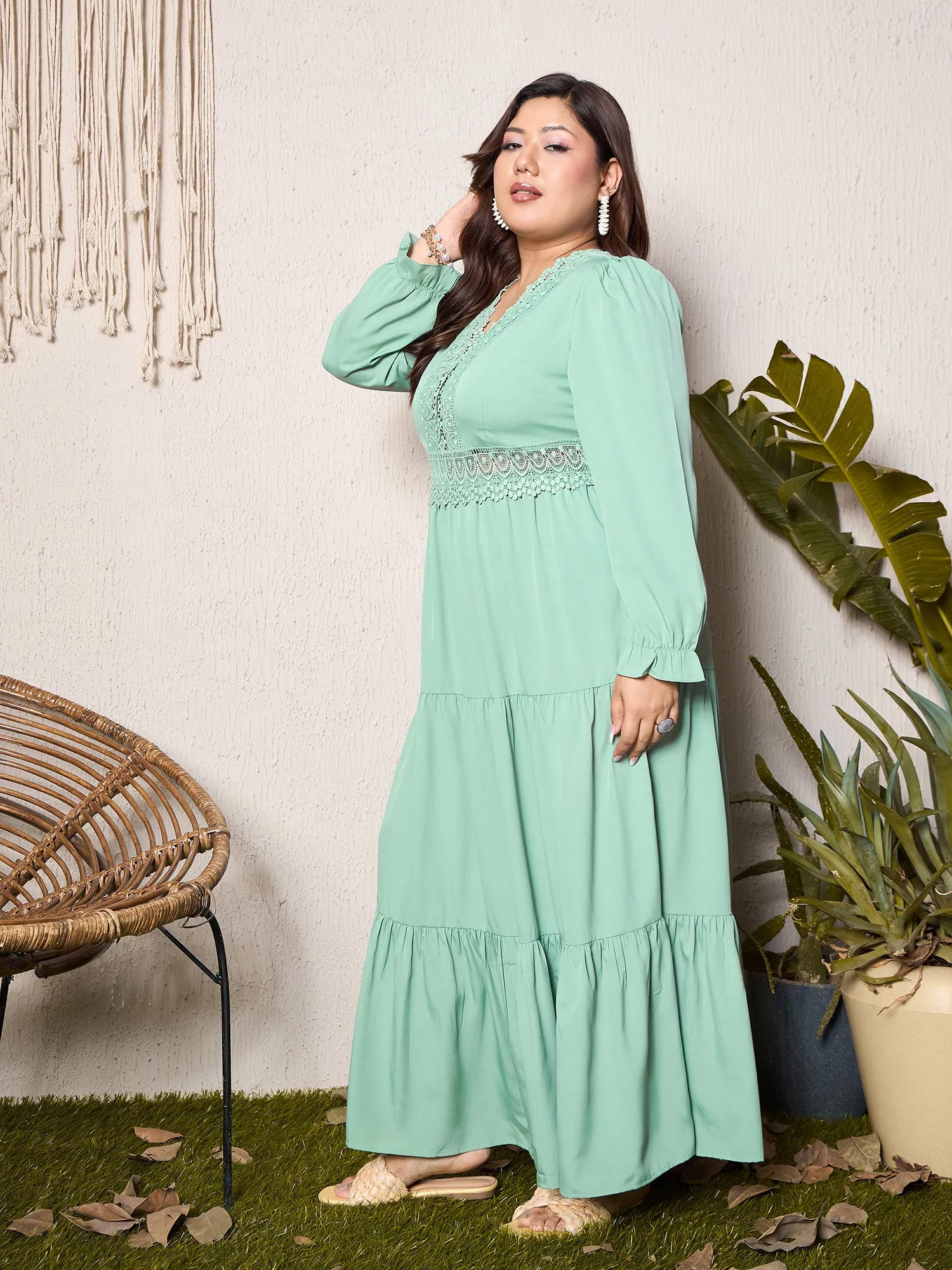 Berrylush Curve Women Solid Green V-Neck Bishop Sleeves Lace Detail Gathered Maxi Dress