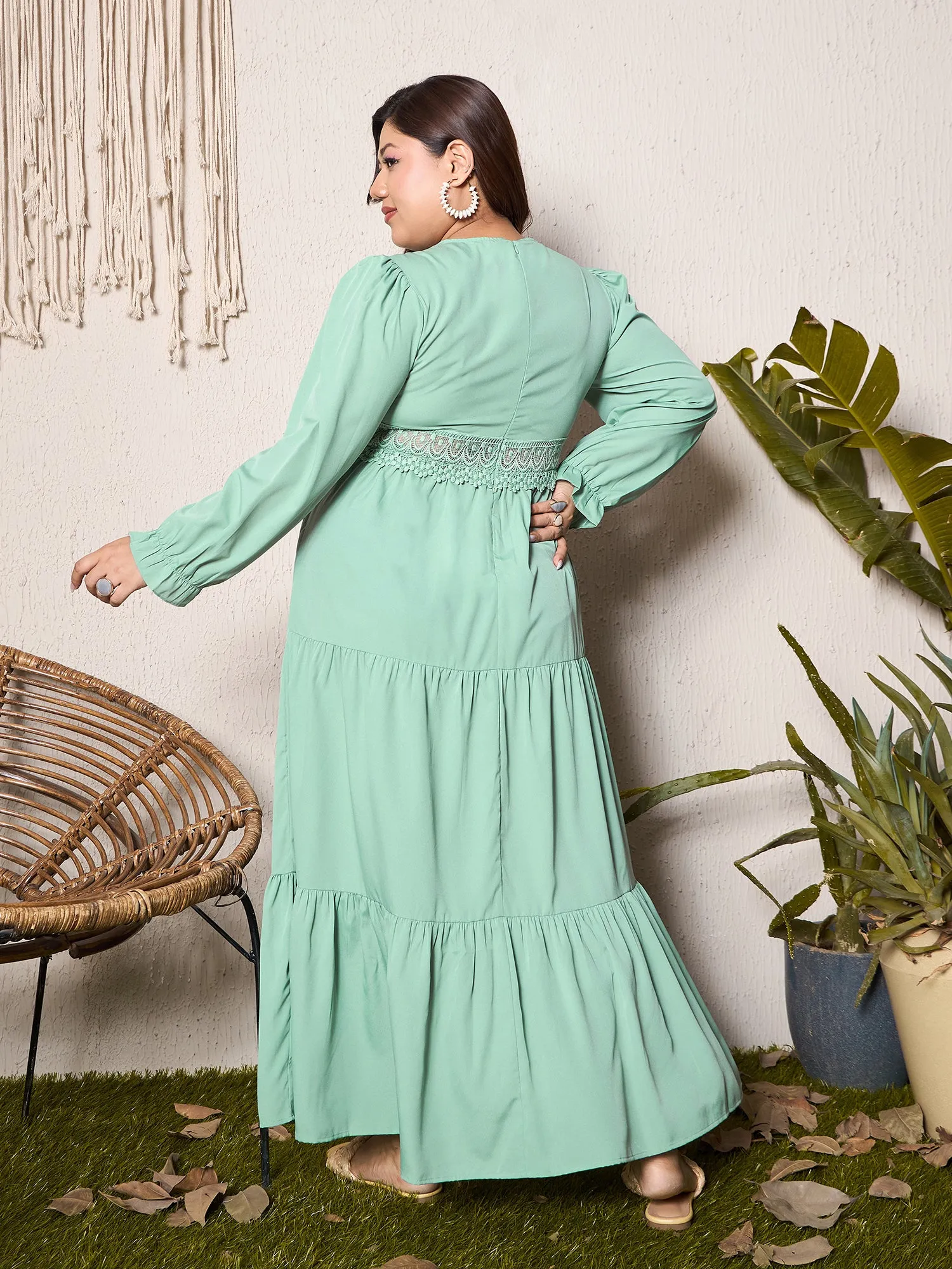 Berrylush Curve Women Solid Green V-Neck Bishop Sleeves Lace Detail Gathered Maxi Dress