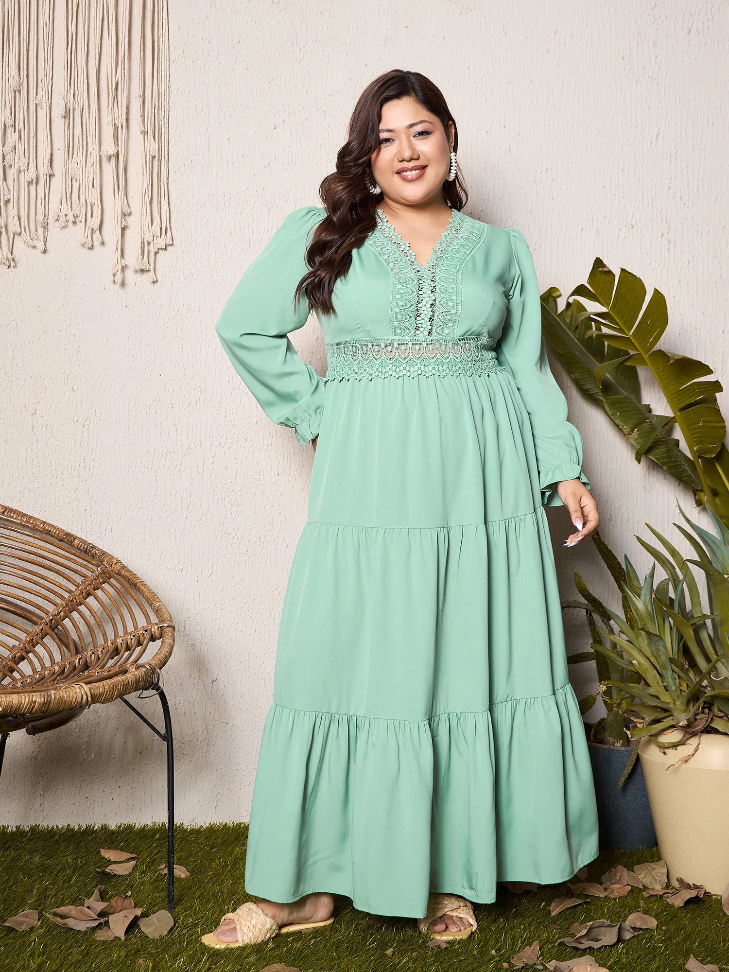 Berrylush Curve Women Solid Green V-Neck Bishop Sleeves Lace Detail Gathered Maxi Dress