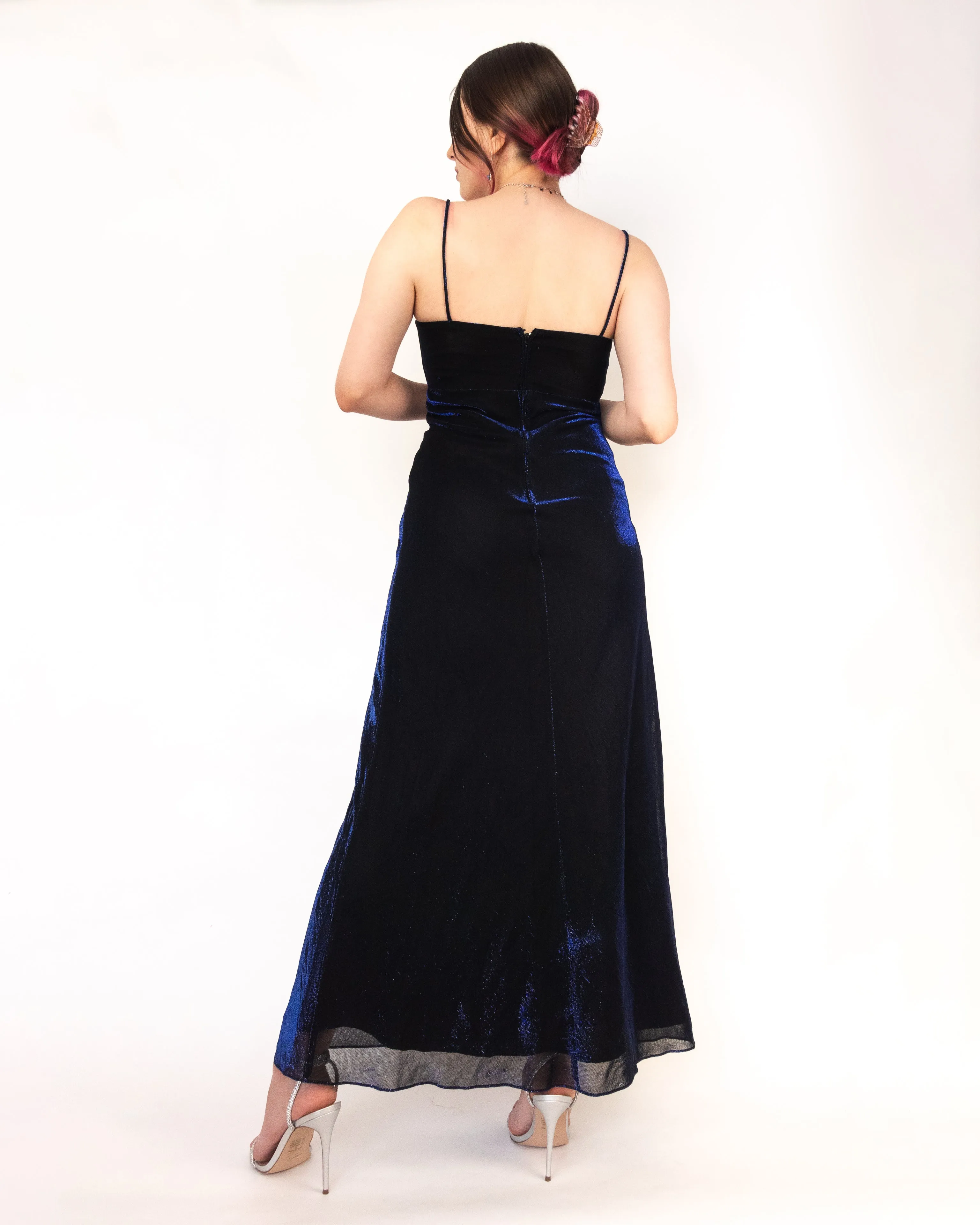 Black Blue Shimmer Cowl Neck Maxi Prom Dress Gown