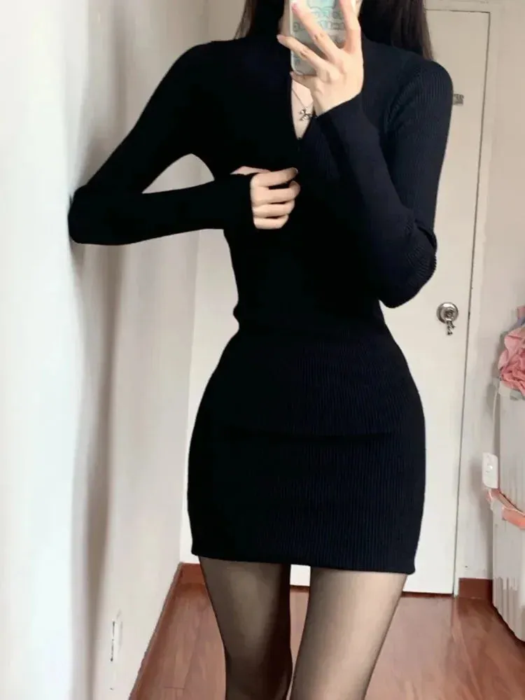 Black Bodycon Knitted Dress Women Sexy Wrap Slim Short Dresses Autumn Fall Solid Outfits Robes Femlae