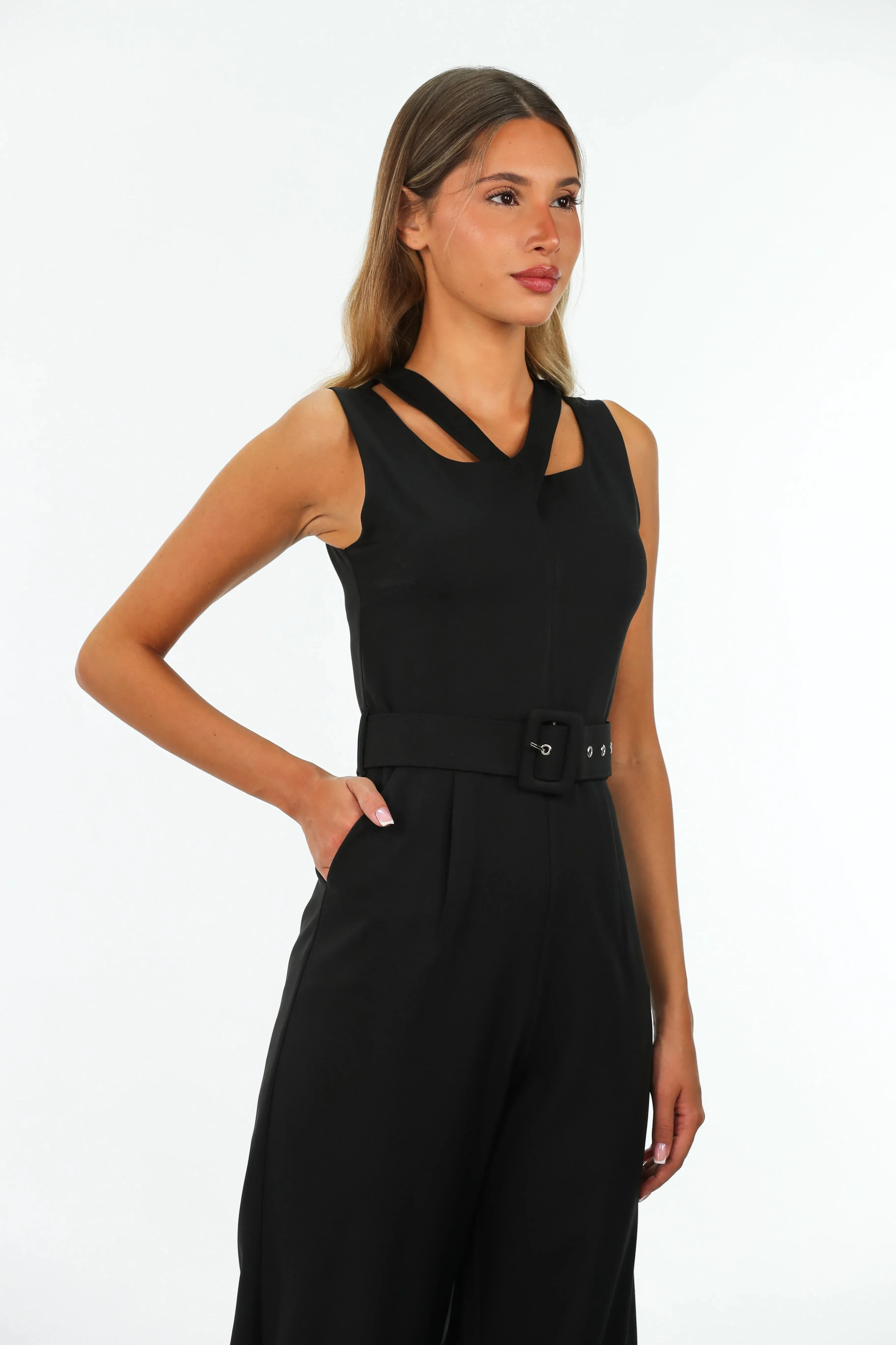 Black Classy Belted Jumpsuit