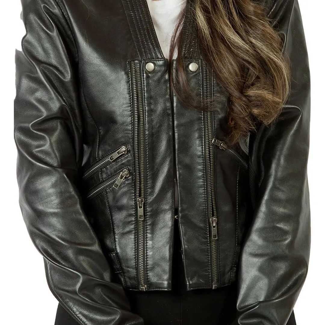 Black Leather Biker Jacket with Dual-Zipper