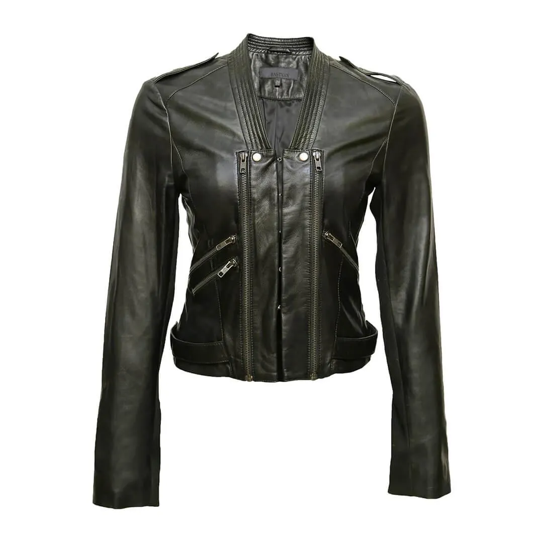 Black Leather Biker Jacket with Dual-Zipper